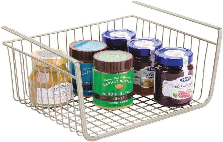 mDesign Household Metal Under Shelf Hanging Storage Bin Basket with Open Front for Organizing Kitchen Cabinets, Cupboards, Pantries, Shelves - Large - Satin