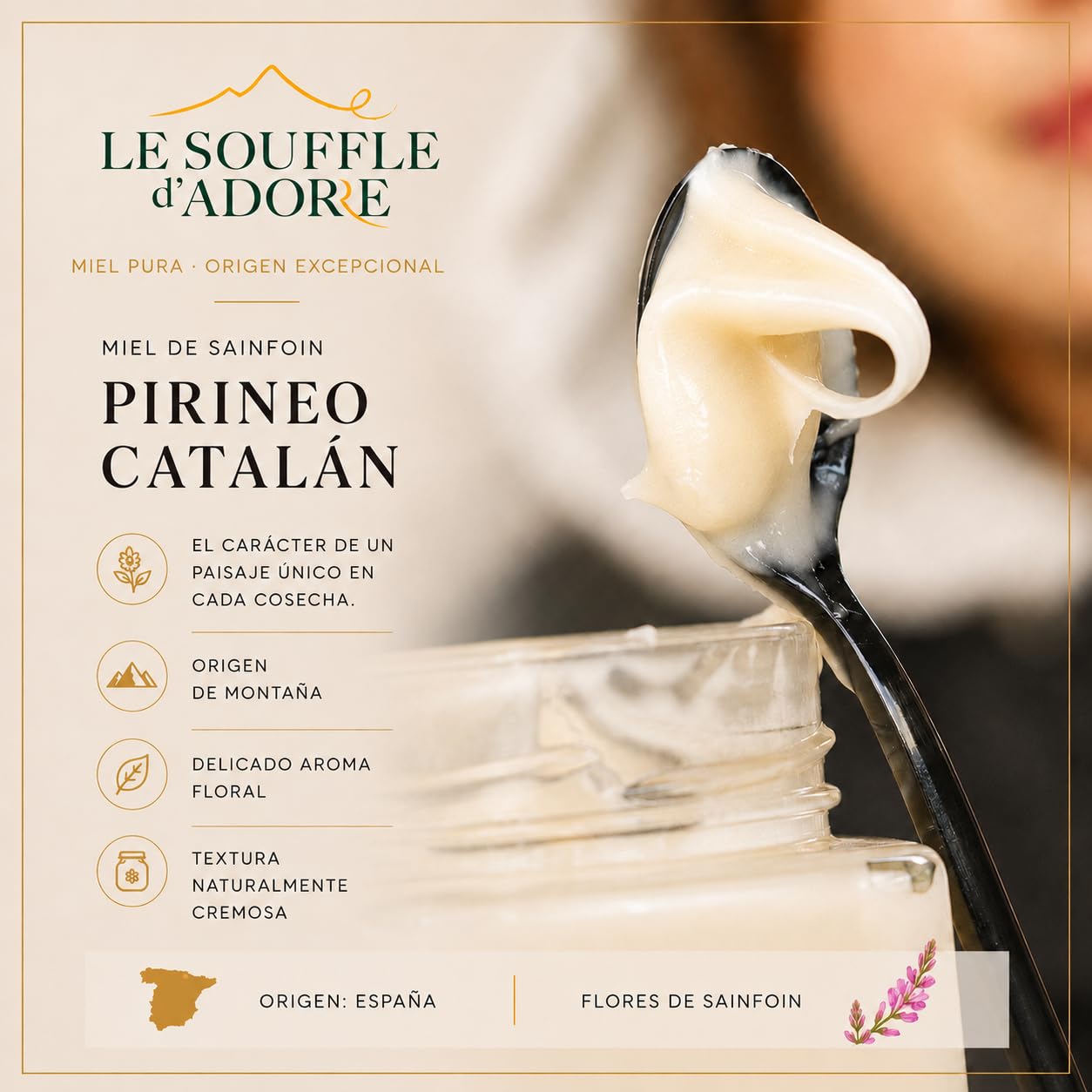 Miel de Esparceta Premium, Blanca, Cremosa, de Sabor Suave, 100% Natural, de Abeja, Pura, Sin Azúcar, Sin Aditivos, case 2 х 500 g | Pack Exclusivo | Le Souffle d'Adore