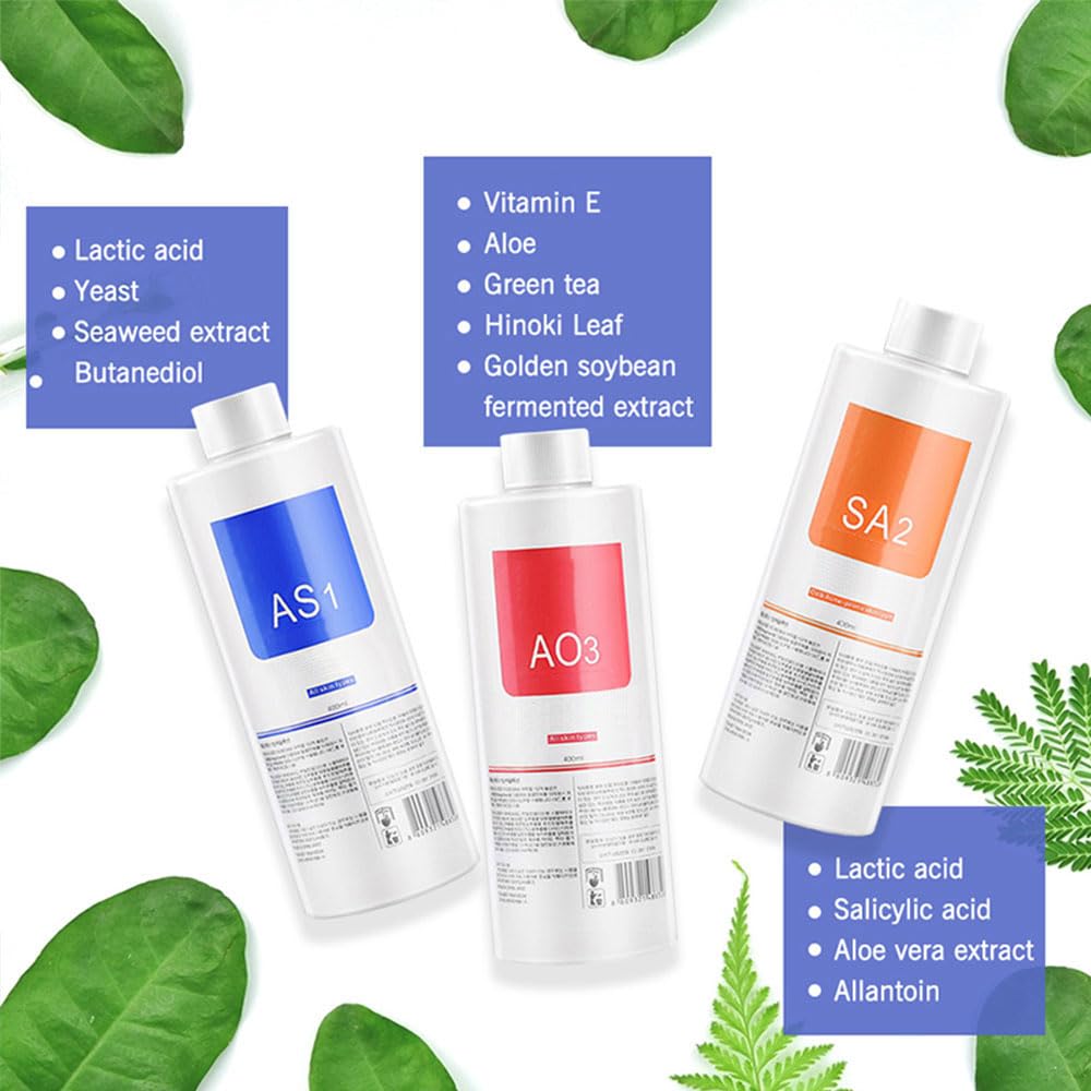 Aquafacial Lösungen für Professionelle Aqua Facial Geräte, AS1 SA2 AO3 Aqua Peeling Lösung, Aqua Peeling Serum Gesichtsbehandlung, Reinigend & Peeling – 400 ml (3 Flaschen)