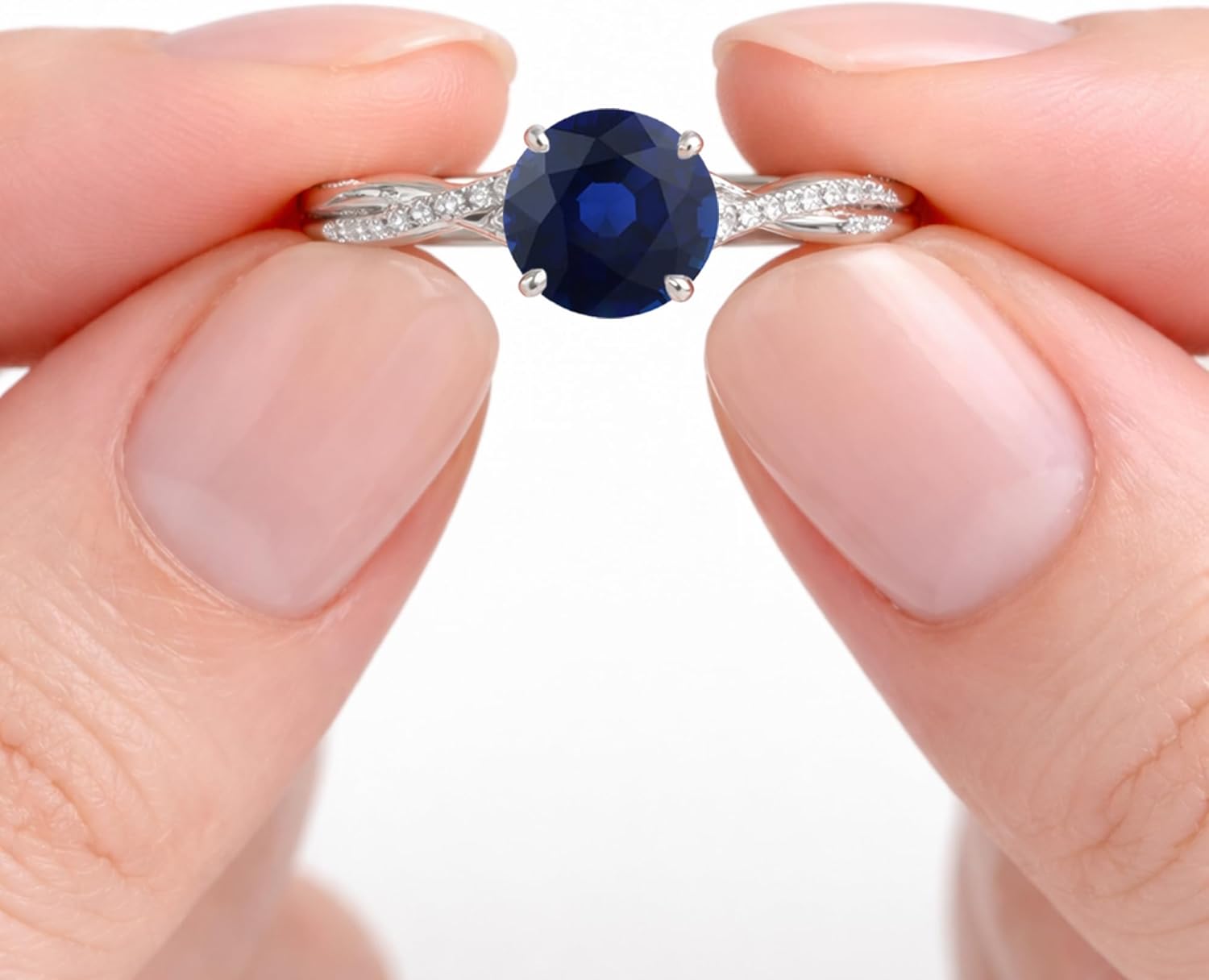 1 Carat Round Cut Blue Sapphire & Diamond Twisted Solitaire With Accent Engagement Ring For Women, 14K Gold Plated 925 Silver September Birthstone Swirl Bypass Bridal Side Stone Ring