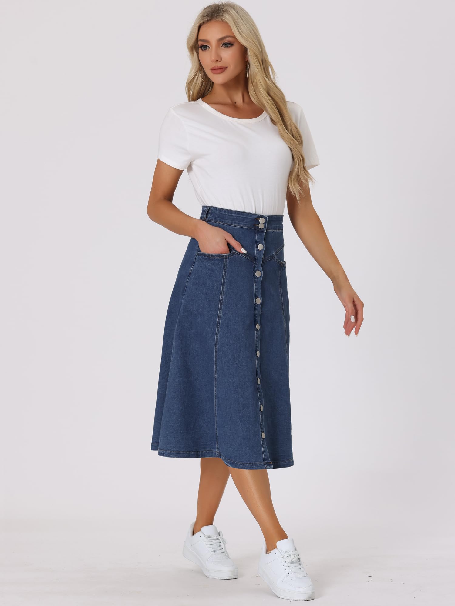 Allegra K Jupes Mi-Longues en Jean Femme Coupe Trapèze Fluides Jupe Boutonné à Taille Haute Extensibles avec Poche