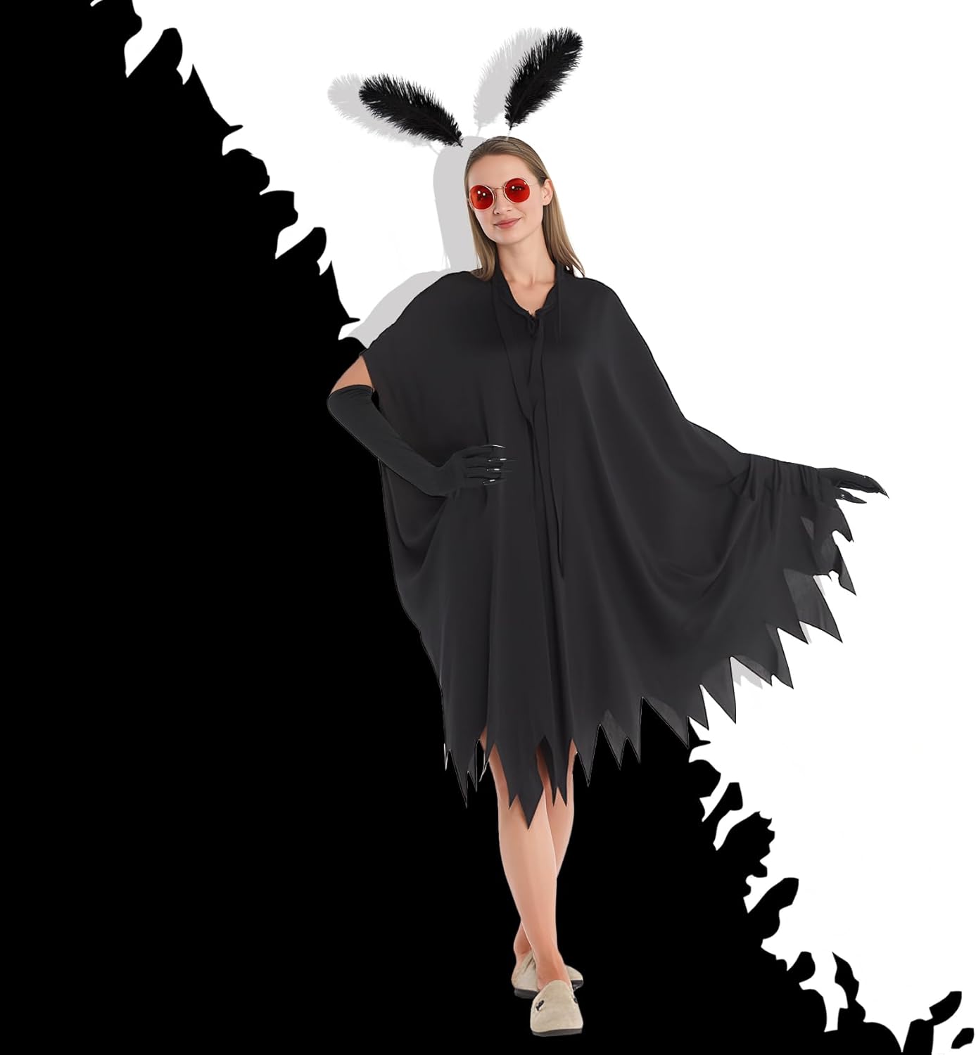 Halloween Unisex Mothman Costume Paw Gloves Glasses Headband Black Cape for Adult Halloween Cosplay Party(Elegant) - Image 6