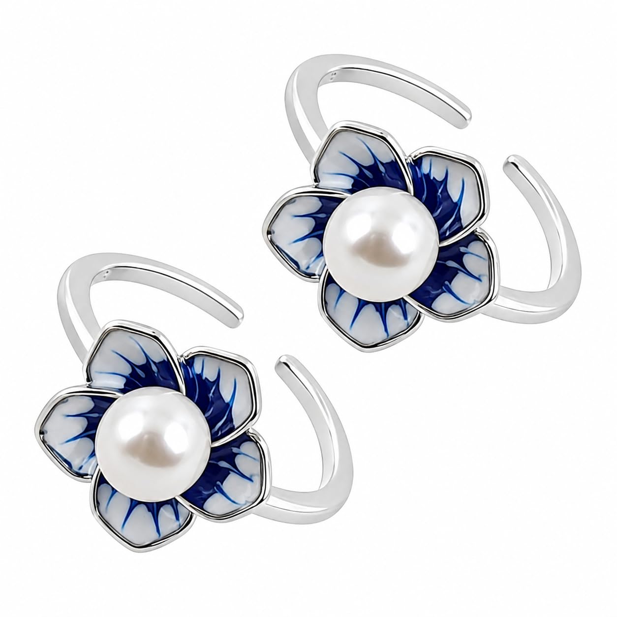 925 Sterling Silver Floral Toe Rings for Women | Adjustable Open Band Blue Enamel Flower & Pearl Design | Daily Wear Fancy Bichiya Pair-image-32