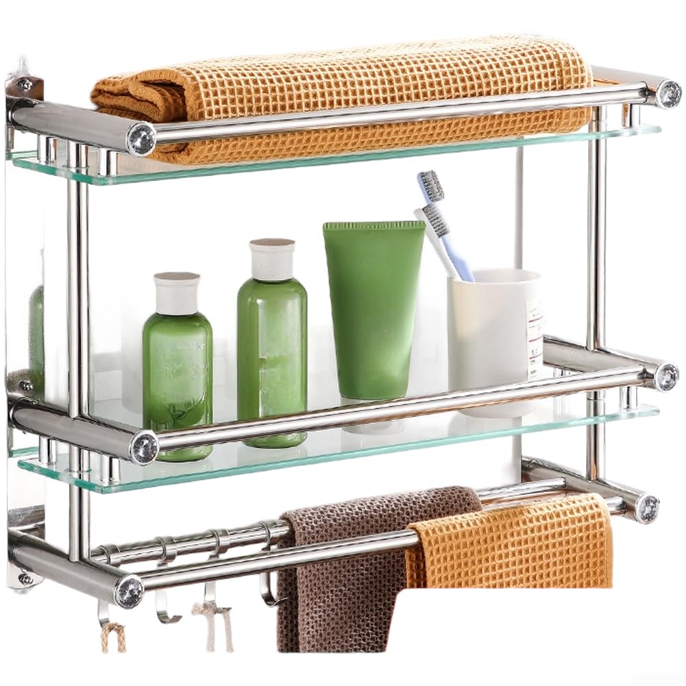 Estantes de baño de vidrio templado con diseño flotante esquinero marco de acero inoxidable de 40 cm (