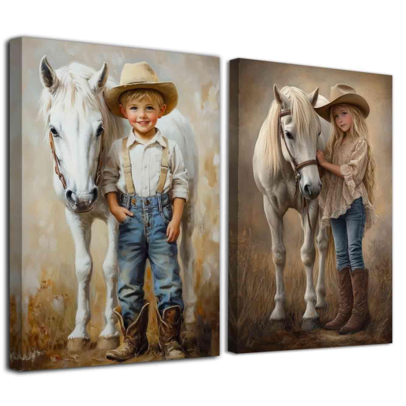 LZIMU Western Cowboy Nursery Wall Art 2 Pcs Boy and Girl Pictures Cowgirl and White Horse Canvas Prints Cowboy Hat Boots Painting Rustic Brown Poster Home Decor Frame (16x24inchx2 Pieces)