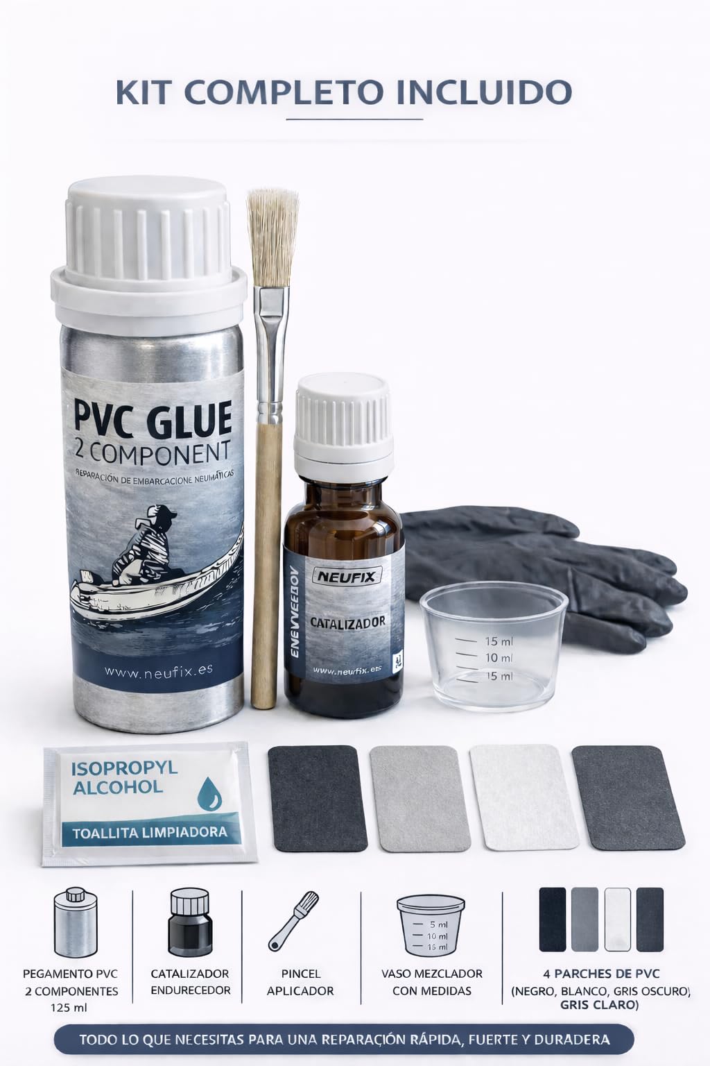 Kit Reparación PVC Profesional – Pegamento PVC 2 Componentes para Zodiac, Paddle Surf, Kayak y Hinchables – Incluye Parches, Pincel, Vaso, Guantes y Toallita (125 ml)