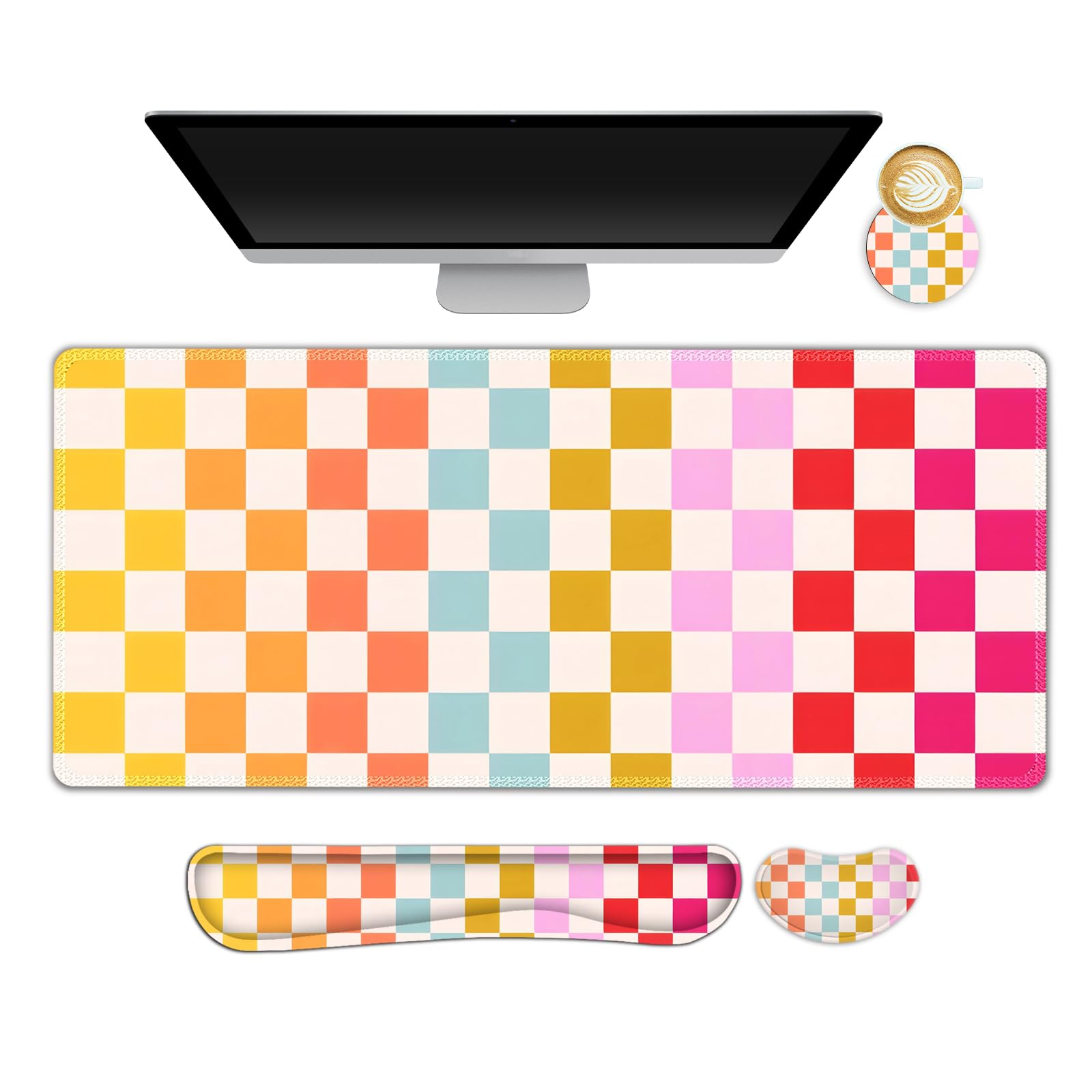 NXZGO Large Gaming Mouse Pad Set, 4 in 1 Ergonomics Keyboard Desk Mat with Memory Foam Wrist Rest, Computer PC Extended Game Mousepad, Non-Slip Desk Matt Easy Typing Pain Relief I Colorful Checkered