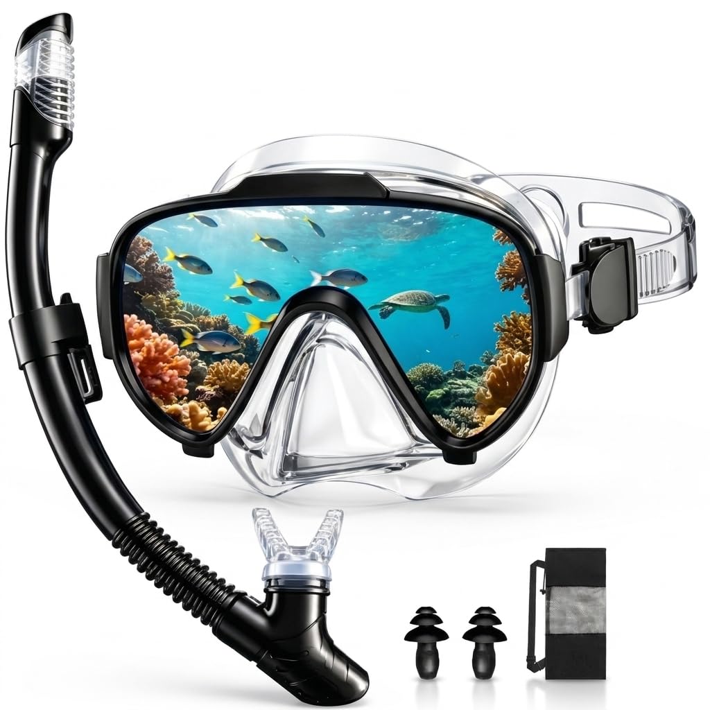 Arlierss Schnorchelset Erwachsene, Schnorcheln Set mit Schnorchel und Taucherbrille für Herren Damen, Tauchermaske 180° Panorama HD Gehärtetes Glas Anti-Fog Anti-Leck, Premium Dry Schnorchel