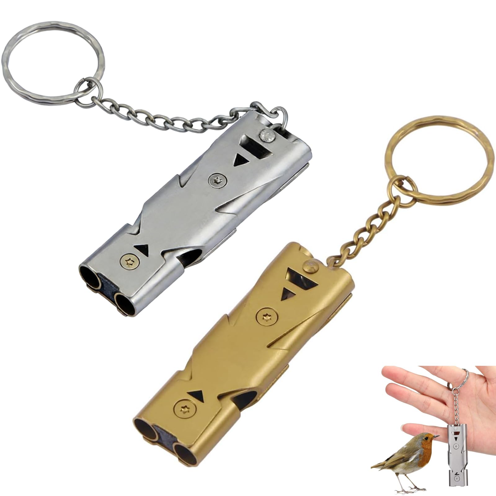Whistle High Sound, 2 Pack Double Tube Loud Whistle for Camping, Sports Whistles for Coaches for Hiking, Survival, Sports, with Keychain, 5.7cm x 1.8cm, Gold and Light Gray-image-17