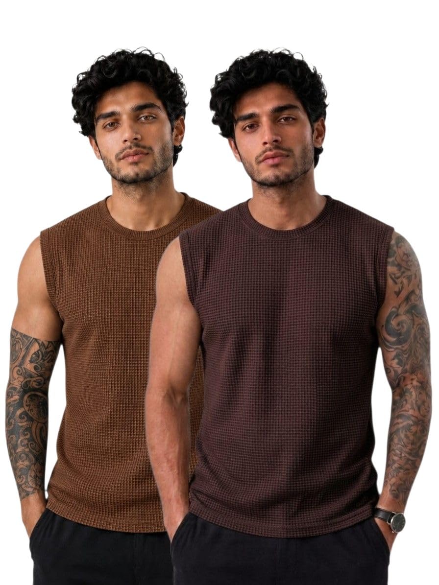 Pack of 2 Men's Waffle Tank Tops | Sleeveless Casual T-Shirt & Gym Vest Combo-image-23