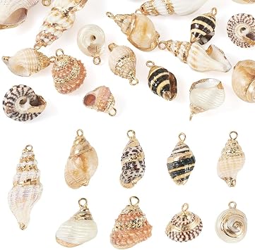 Beadthoven 18Pcs Natural Shell Charms Spiral Seashells Conch Shells Cowrie Sea Shells Dangle Pendants Summer Ocean Sea Beach Bead Charms with Golden Loop for DIY Bracelet Necklace Earrings