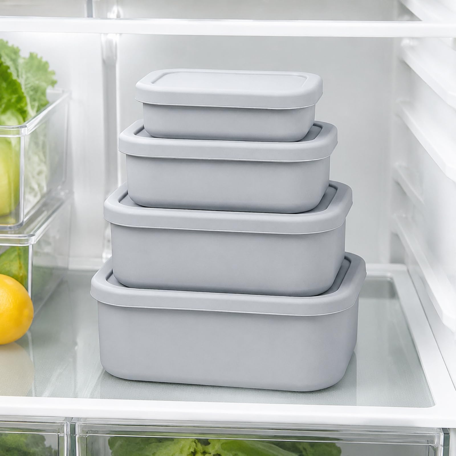 Gralara 4 Piezas Recipien Rectangular Silicona con Tapa Apilable Taper Silicona Reutilizable Flexible Envase para Cocina, Oficina, Gris