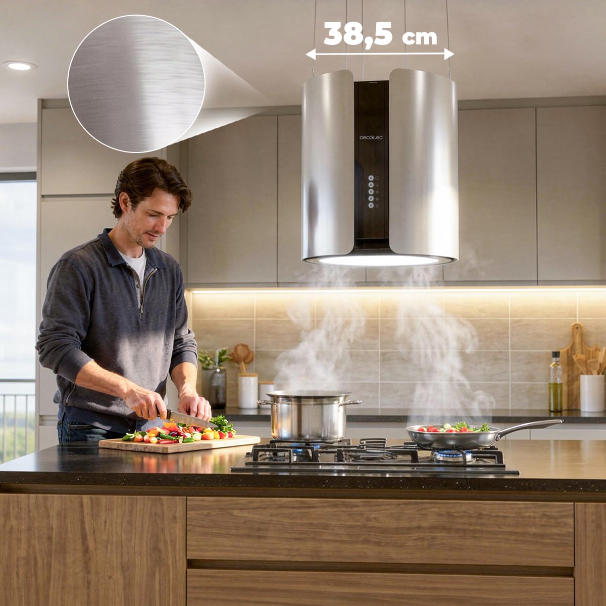 Cecotec Okap okrągły 38 cm Bolero Flux CRE 385500 Inox A+. Ssanie 591,2 m³/h, sterowanie przyciskami elektronicznymi, filtr węglowy, klasa A+, silnik prądu stałego