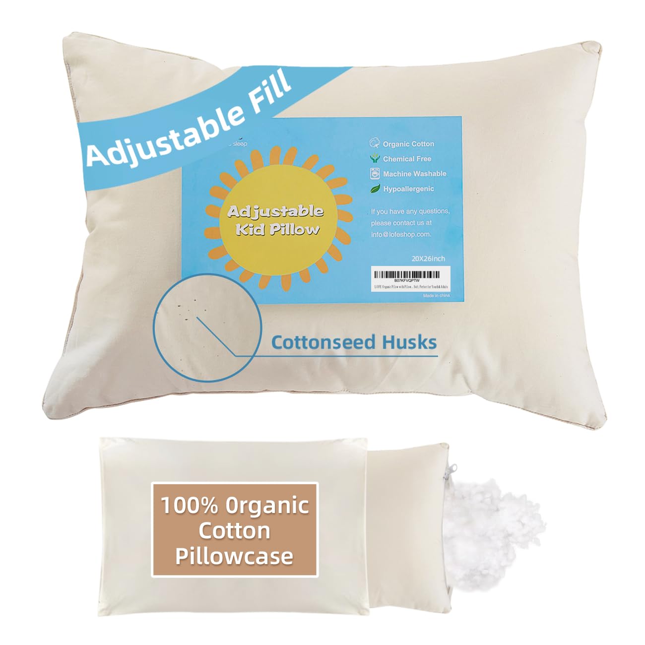 LOFEOrganic Pillow with Pillowcase - 20x26 Youth Pillow with 100% Organic Cotton Shell, Adjustable Loft Organic Standard Plilow, Machine Washable, Soft, Perfect for Youth&AdultsGlobal Organic Textile StandardGlobal Organic Textile StandardOEKO-TEX STANDARD 100Global Organic Textile StandardGlobal Organic Textile Standard