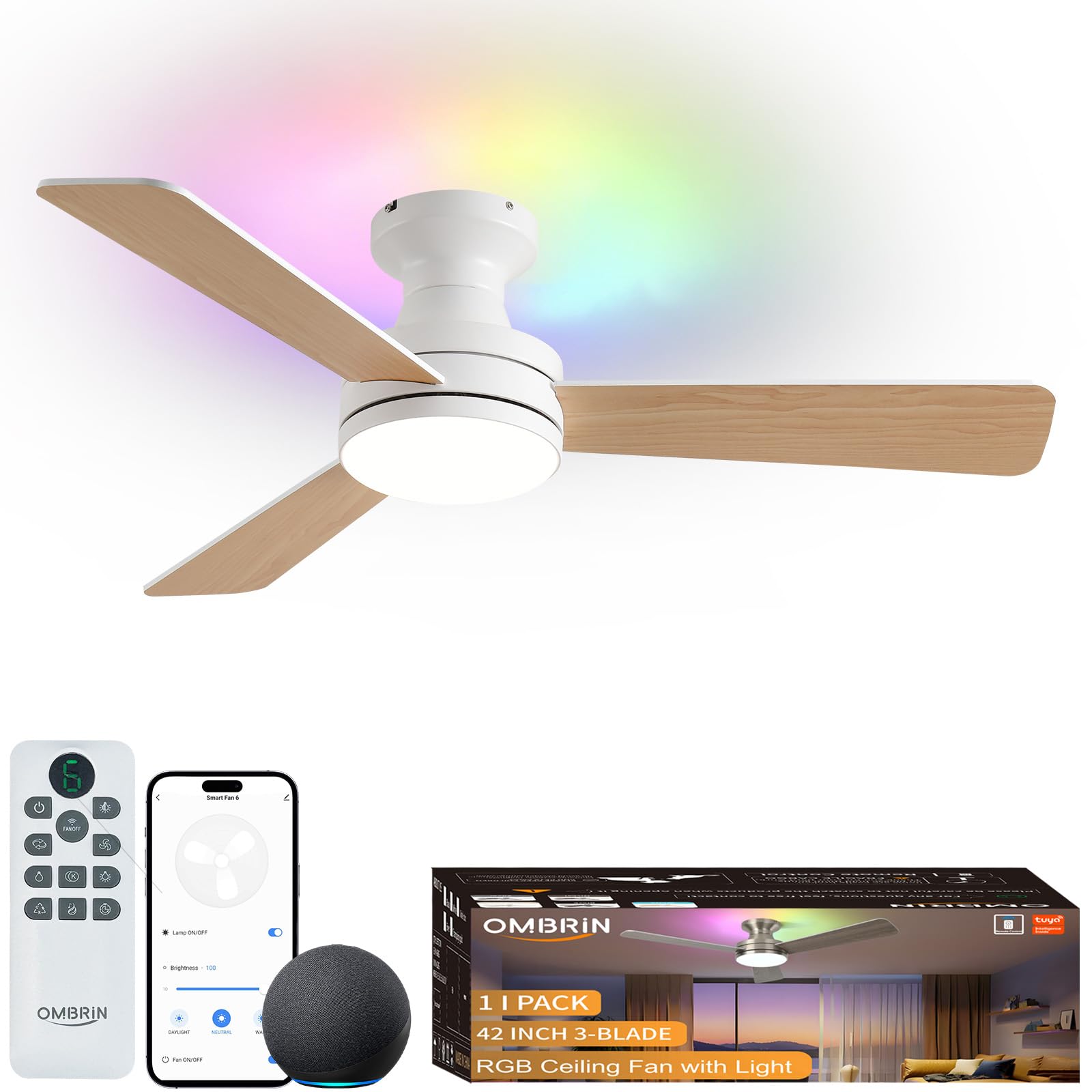 Photo 1 of Ombrin 42 Inch Smart Ceiling Fan with Light, RGB, White