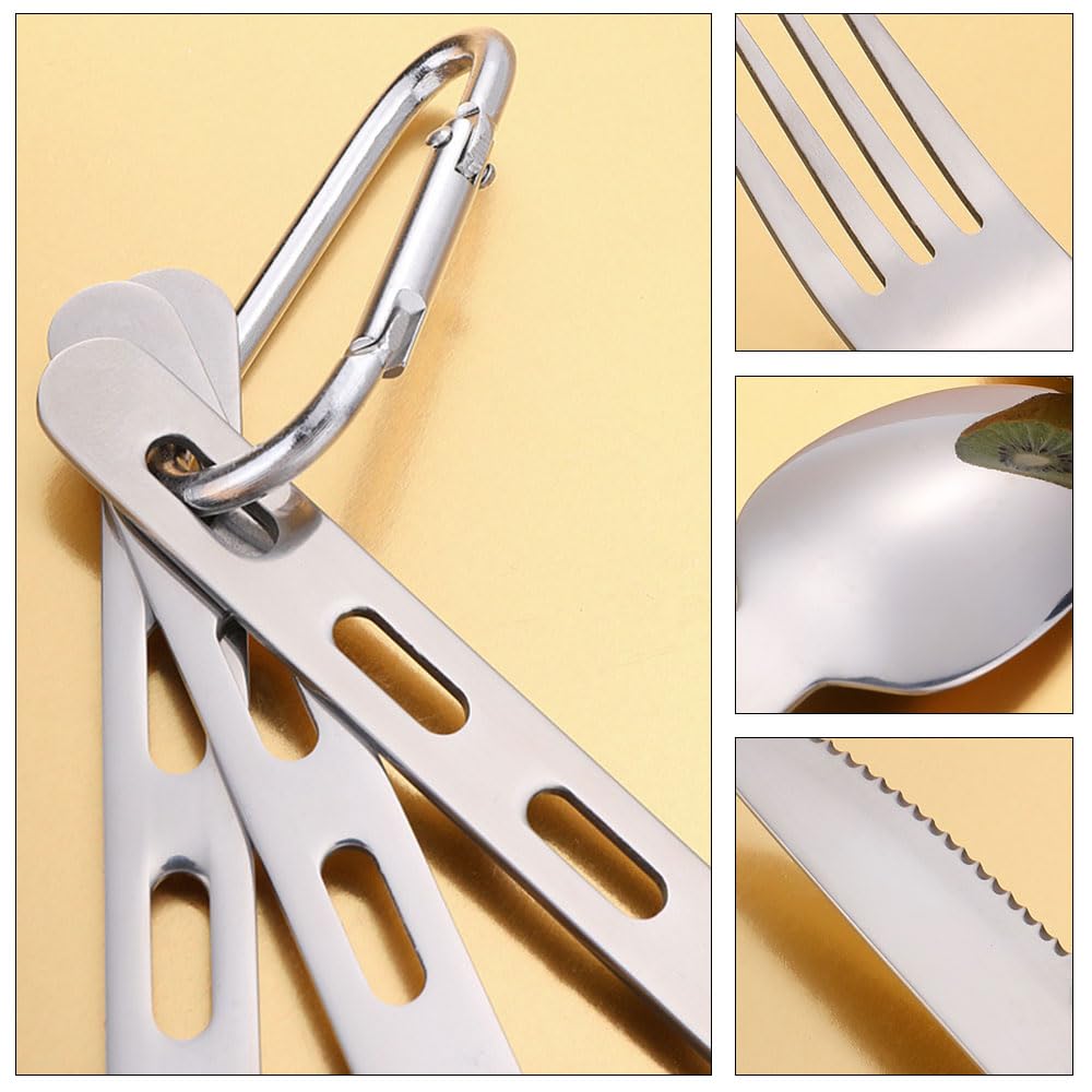 2 Pcs Camping Cutlery Set 3 in 1 Detachable Lightweight Flatware Stainless Steel Flatware Travel Cutlery Set with Carabiner for Hiking and Travel - Image 3