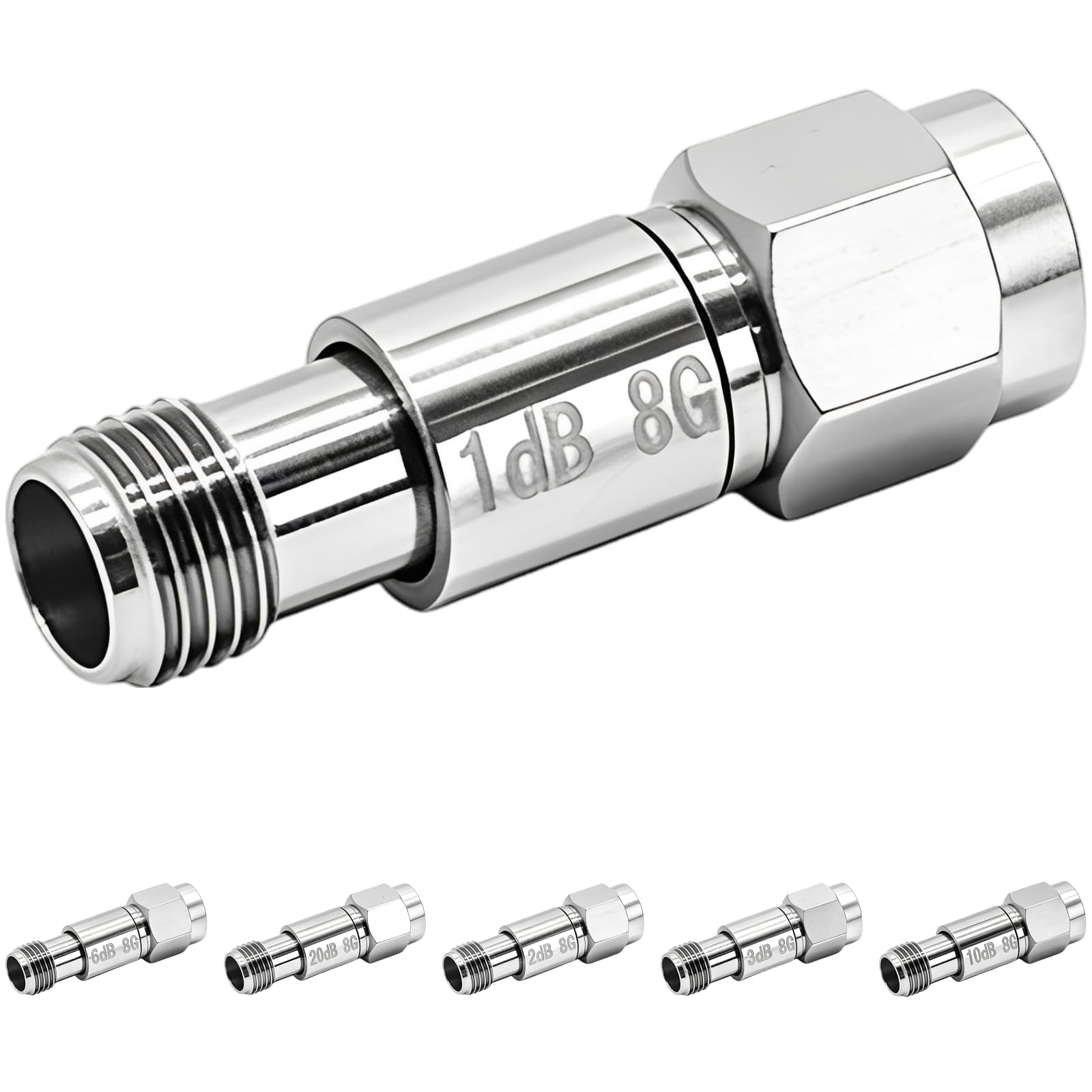 6 atenuadores RF, DC 8G SMA coaxiales de 2 W, atenuadores fijos de 1 dB a 20 dB, diseño compacto de cobre y acero inoxidable, adecuado para diversas necesidades de gestión de señales
