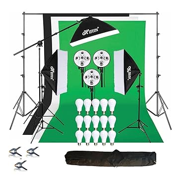 Hiffin 5 PRO Quadlux Mark III Soft Led Still & Video Light Softbox 3 Point Lighting Kit with Backdrop Stand, 9x10ft Photo Video Studio Muslin Background Stand Backdrop Support System Kit, (Model: 12)