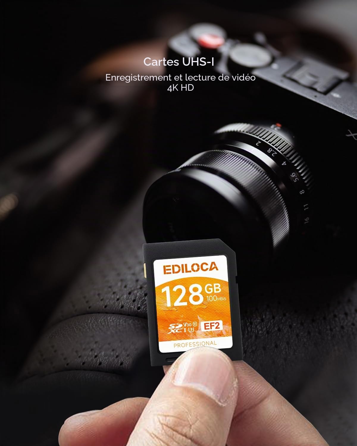 Ediloca EF2 Carte SD 128Go, Carte mémoire SD UHS-I, Lecture 100 Mo/s, écriture 90 Mo/s, C10, U3, V30, vidéo Full HD et 4K, pour photographes Professionnels