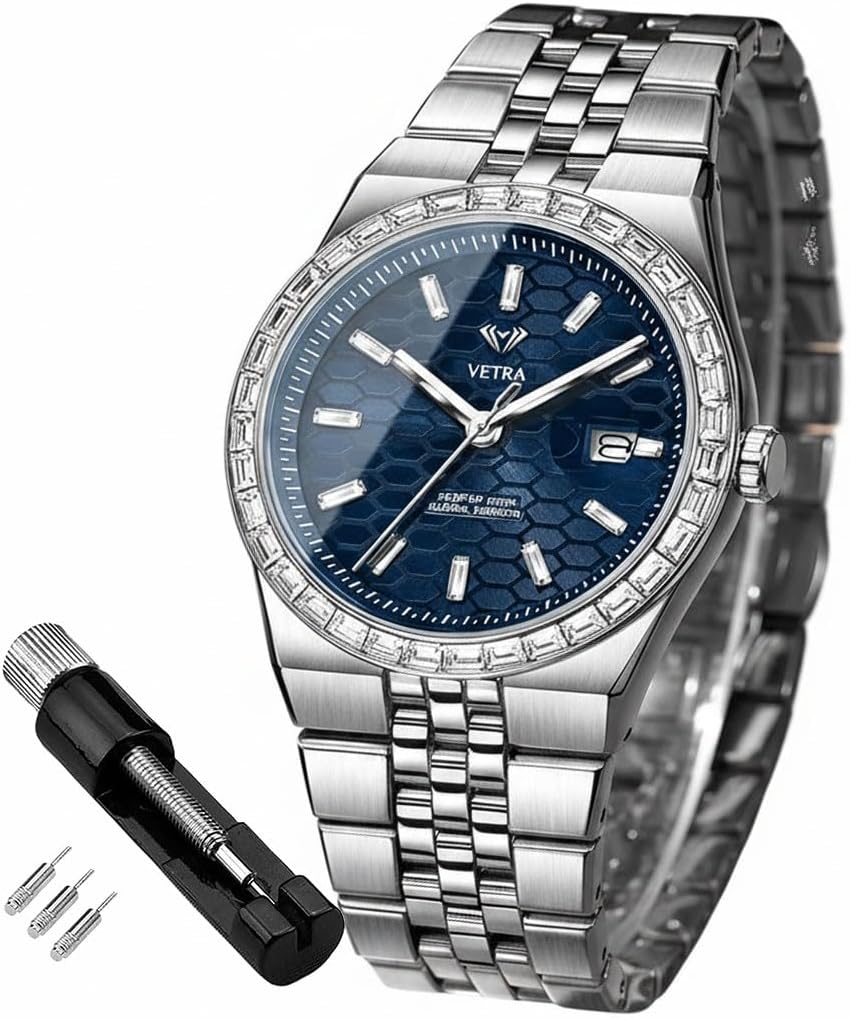 Vetra Men’s Analog Watch Luxury Diamond Business Watches Waterproof Luminous Blue Face Silver Stainless Steel Wrist Watches