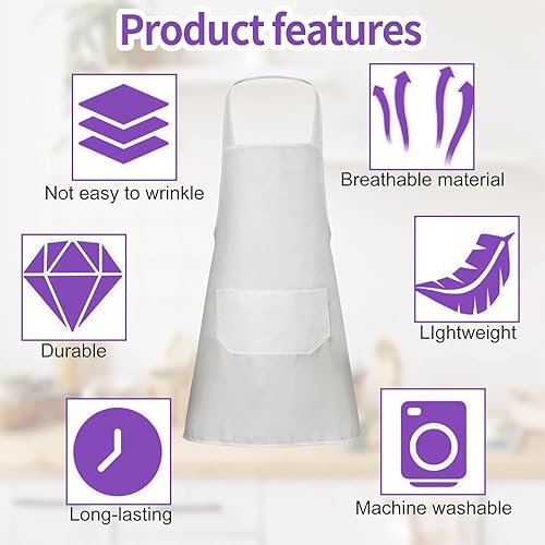 Miniatura 5 de Paquete de 12 delantales con peto, delantales unisex lisos, delantales blancos a granel con 2 bolsillos para adultos, cocina y pintura, lavable a