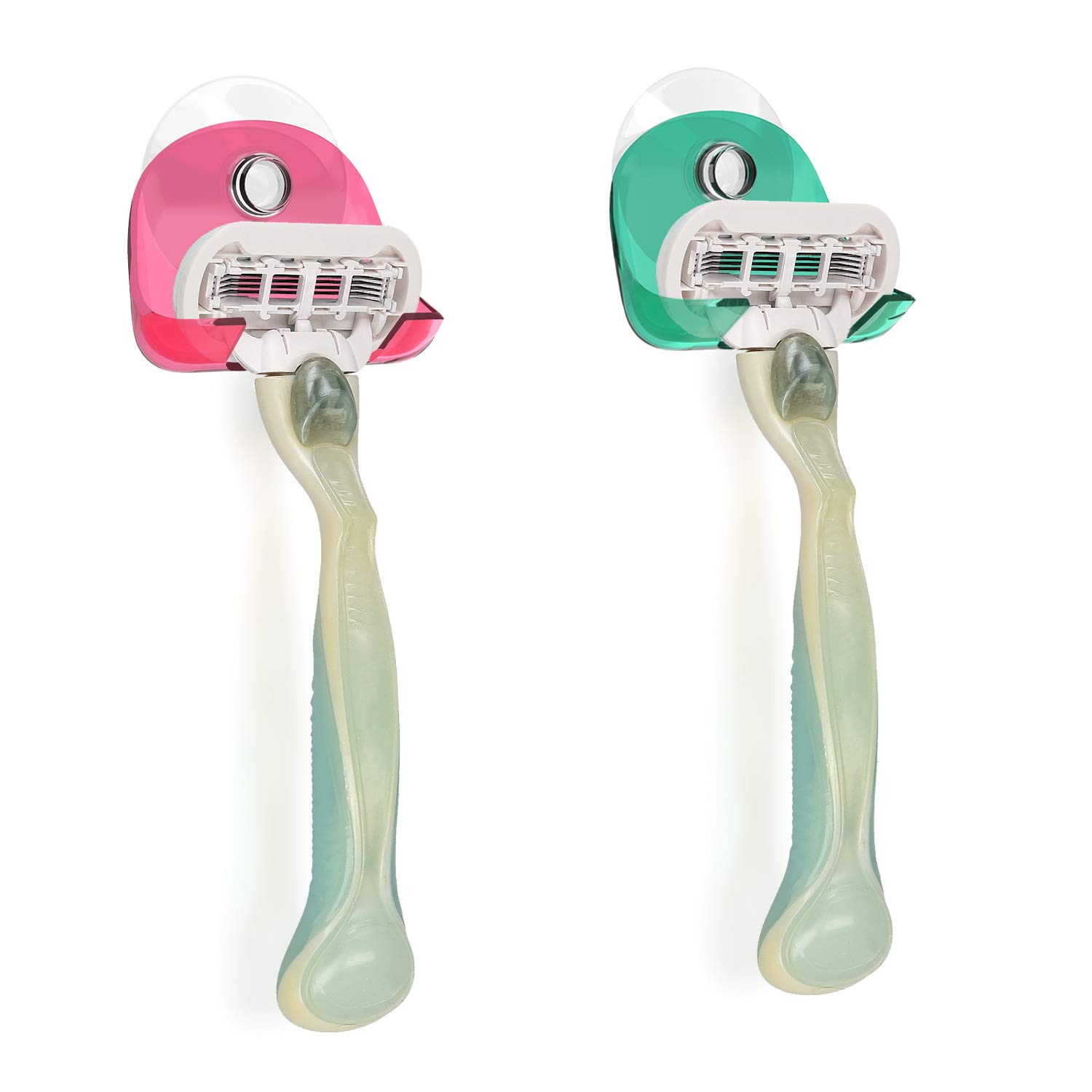 Kwmobile Red / Green / Transparent 2X Razor Holder With Suction Cup - Self-Adhesive Shaver Wall Mount - Bathroom Organizer For Glass And Tiles - Red/Green/Transparent