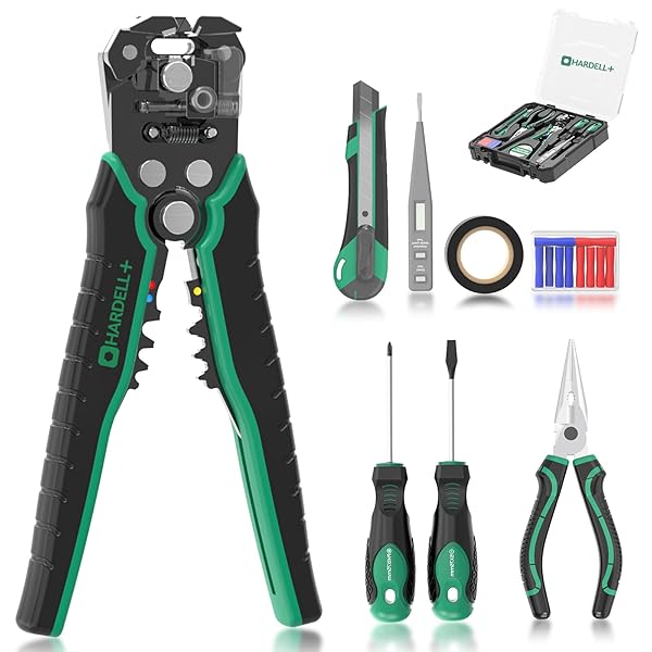 HARDELL+ Wire Stripper, Self-Adjusting Wire Stripping Tool with 27 Universal Accessories, 3 in 1 Stripper/Cutter/Crimping Tool for Electronics Projects/DIY/Home Repairs (10-24 AWG)