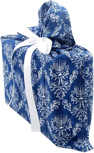 Miniatura 2 de VZWraps Bolsa de regalo reutilizable de Hanukkah (mediana de 17 pulgadas de ancho por 18 pulgadas de alto, azul y blanco)
