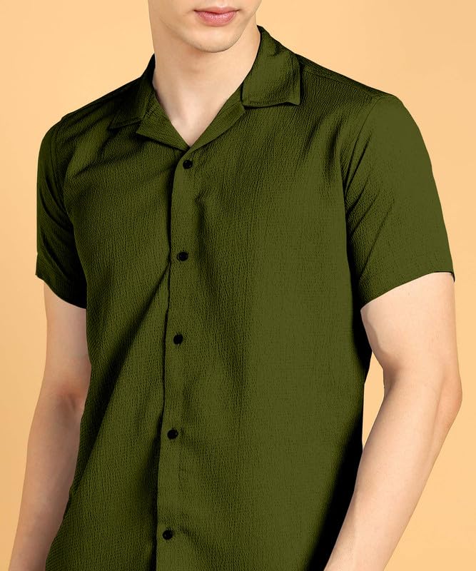 Image of COMBRAIDED Men's Solid Cotton Blend Half Sleeve Shirt - Regular Fit Casual Button-Down Shirt for Office & Travel - Summer & Spring