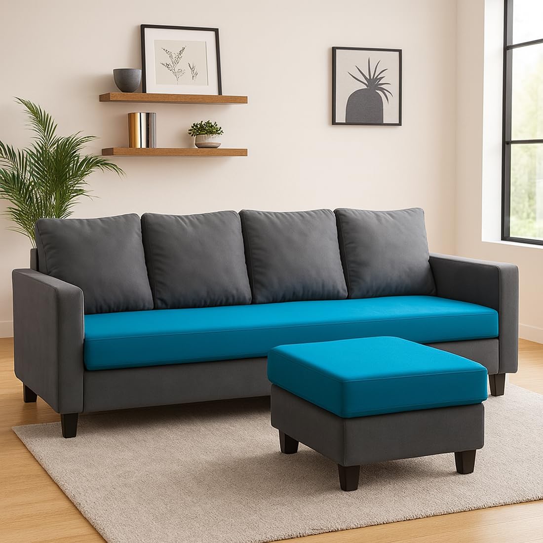FURNY Arnold 5 Seater L Shape Sofa Set with Movable Ottoman | Flexible Left or Right Layout | Plush Velvet Fabric (Dark Grey-Aqua Blue) | Perfect for Living Room, Guest Room & Office