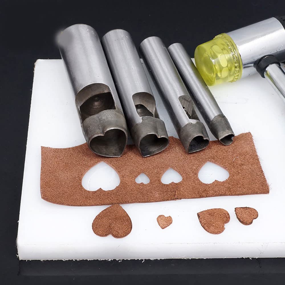 Juego profesional de 4 perforadores huecos de cuero. Tamaño: 5/7/10/15 mm para manualidades de cuero, lona, papel, plásticos, forma de corazón, herramienta de corte de agujeros huecos