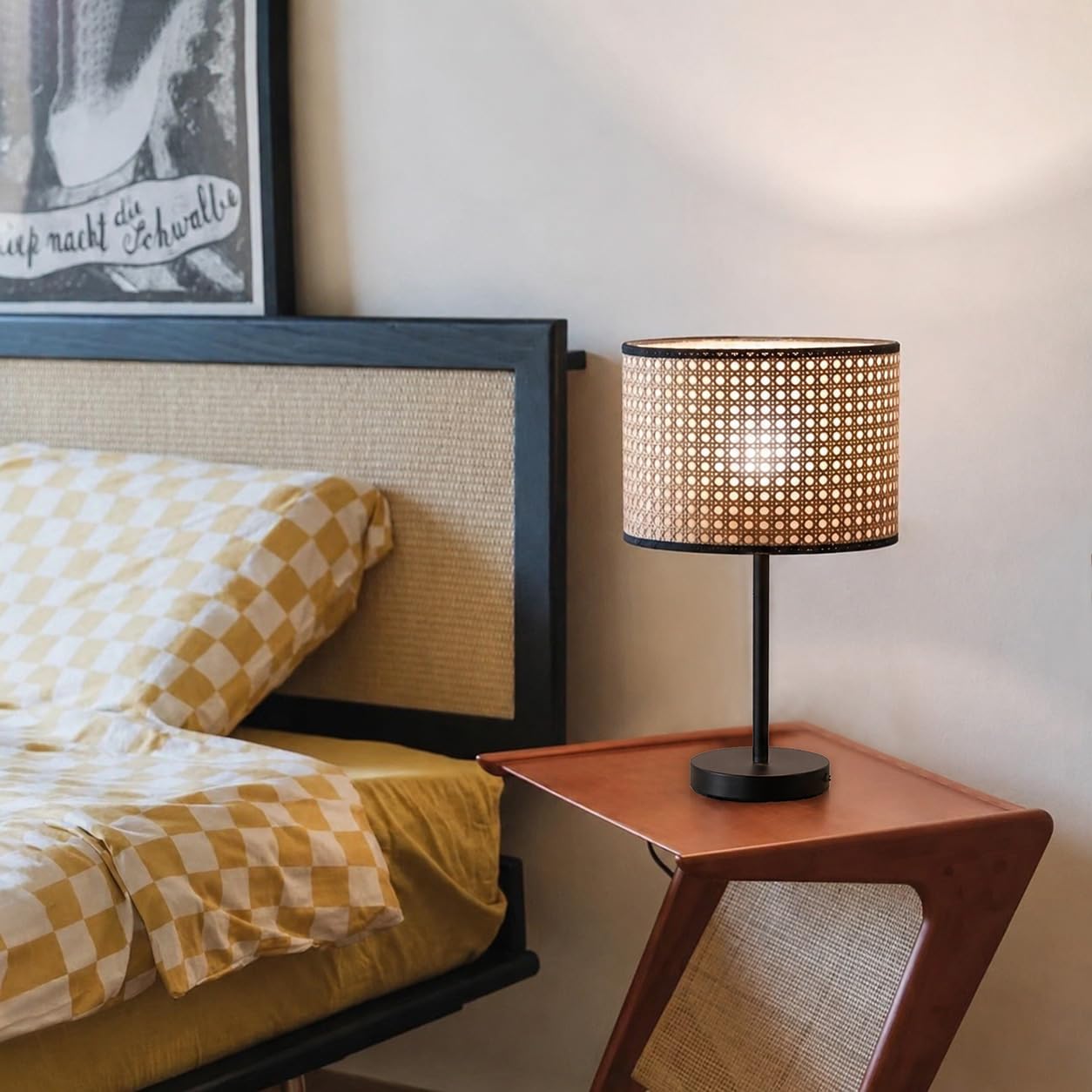Lámpara de mesa de ratán hecha a mano Wabi-Sabi Style Pantalla de ratán Luz de noche Lámpara de noche Lámpara de mesa decorativa creativa para dormitorio, sala de estar