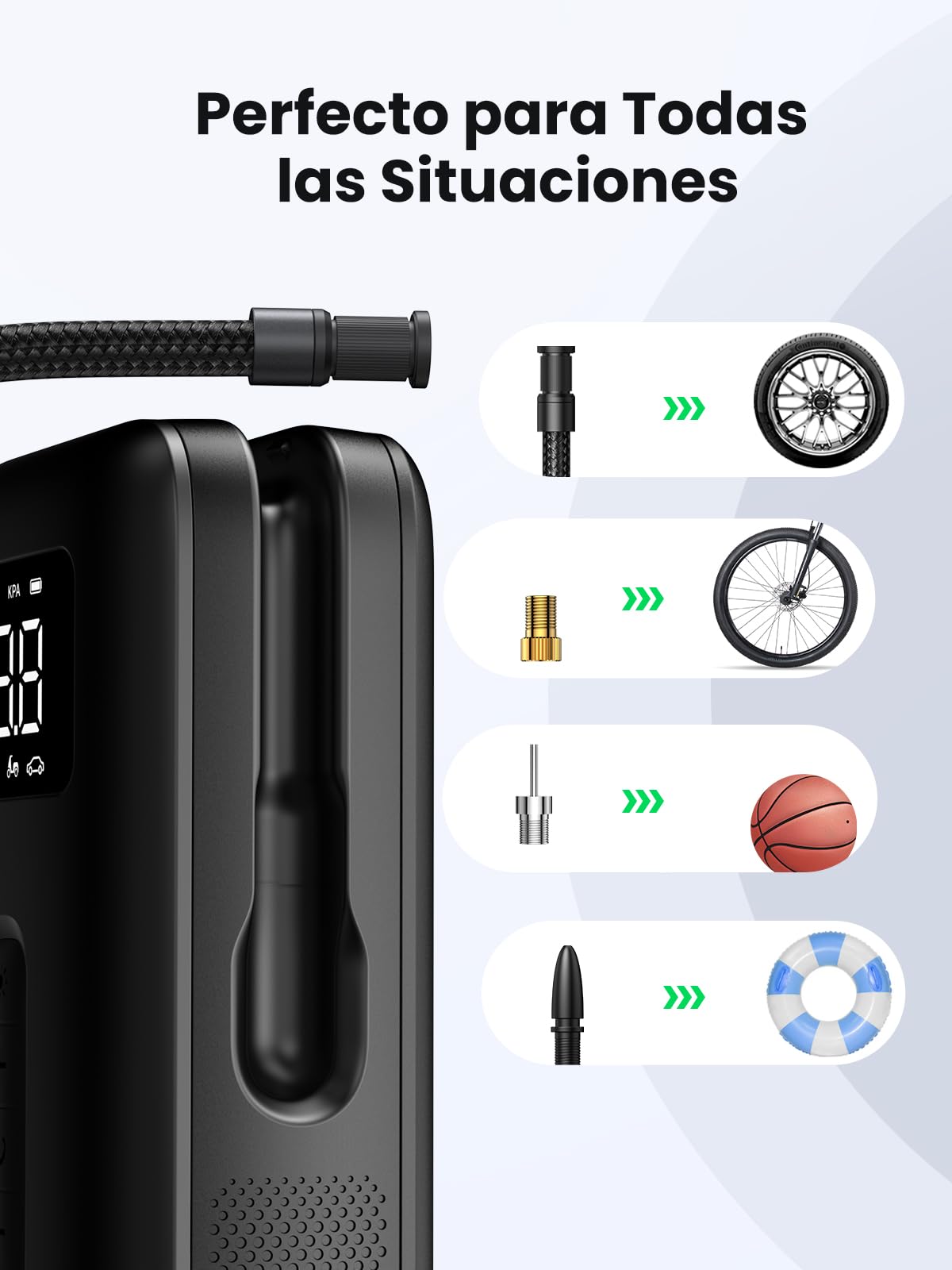 UGREEN Compresor Aire Portatil, 150PSI Inflador Ruedas Coche Mini Bomba de Aire Bicicleta Electrica con Pantalla LCD Digital y Linterna LED，con Boquillas para Coches, Motos, Bicicletas