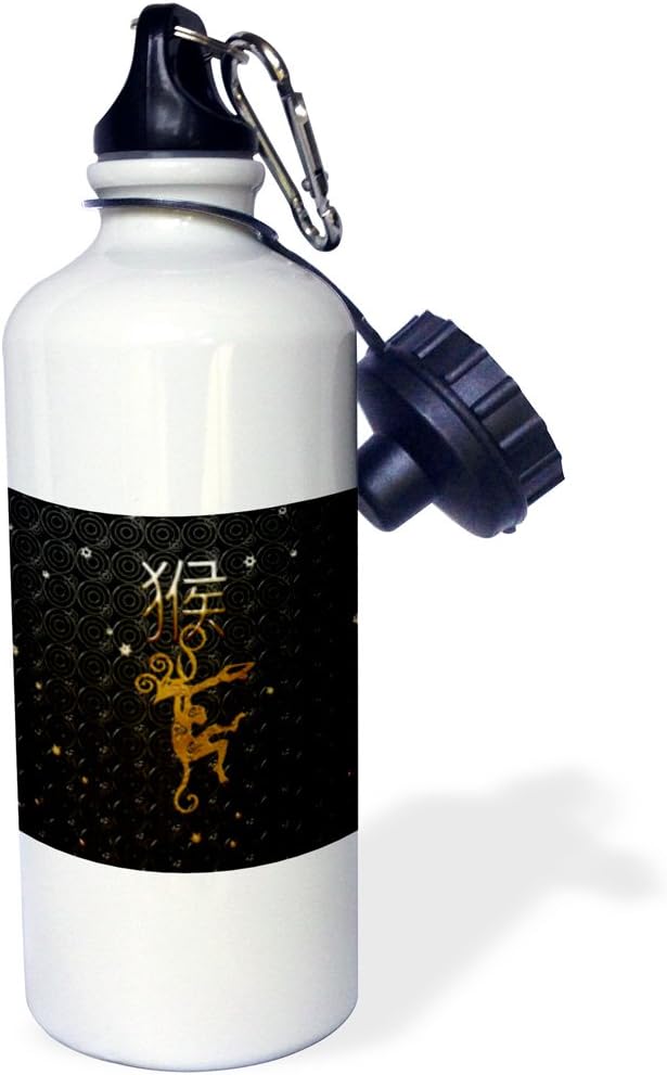 3dRose "Monkey Hanging from Sign of the Monkey, Circle and Stars Background" Sports Water Bottle, 21 oz, White image 2