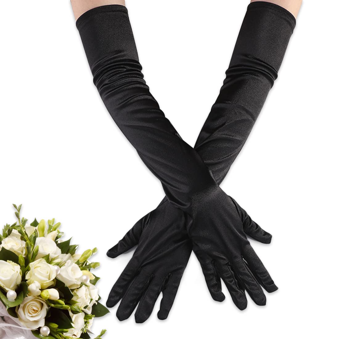 Foxxeo Lange Satin-Handschuhe Für Damen - 45-50 Cm, 20er Jahre Charleston Kostüm, Karneval & Abendkleider