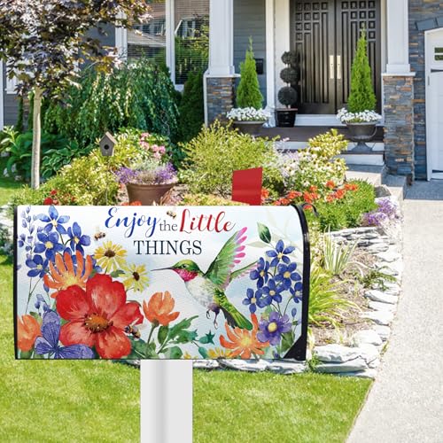 Image of Spring Summer Hummingbird Flower Mailbox Cover Magnetic Standard Size 20.5 inch x 18 inch, Enjoy The Little Things Floral Decorative Post Letter Box Wrap Decor, Bee Garden Yard Outdoor Decoration