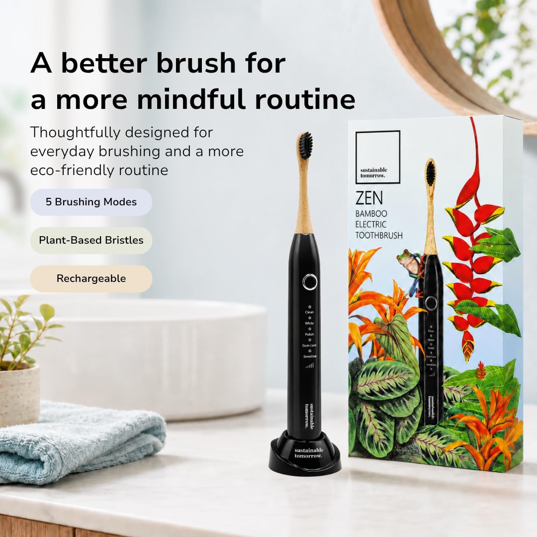 Sustainable Tomorrow Zen Bamboo Spazzolino da denti elettrico per adulti, modello wireless onice, ricaricabile con setole morbide a base vegetale, teste in bambù, 5 modalità e batteria a lunga durata