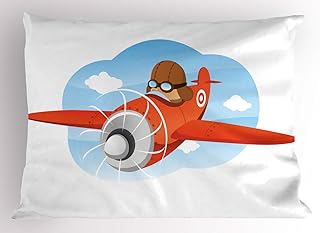 Ambesonne Airplane Pillow Sham Set of 2, Computer Graphics of a Boy Riding an Old Classic Time Aircraft, Quality Microfiber Bedding Item for All Seasons, 30