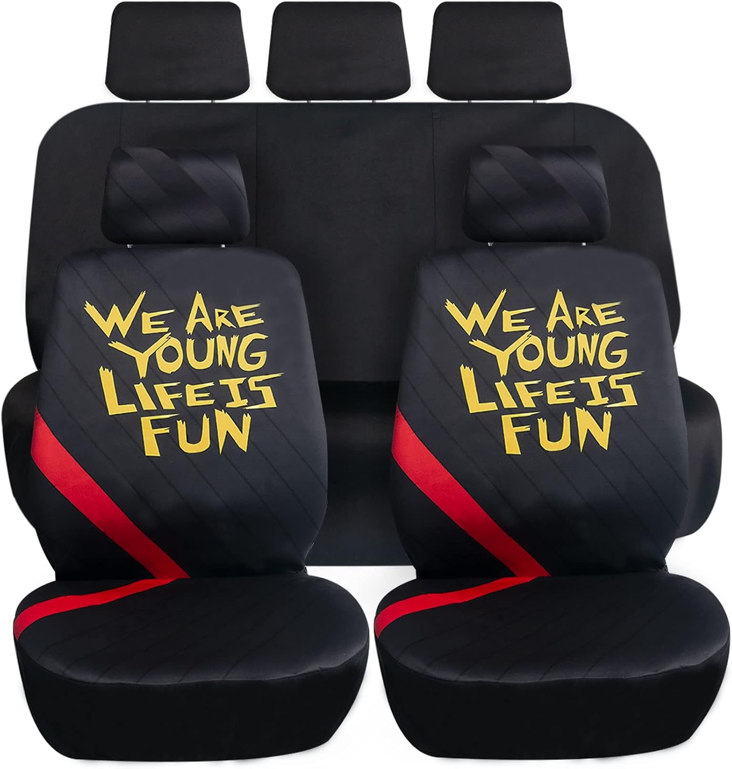 We Are Young Life is Fun™ Car Seat Covers Full Set in Flat Cloth and Seat Cushion with Memory Foam- Universal Fit for Most Cars, Trucks, SUVs or Vans (Red)