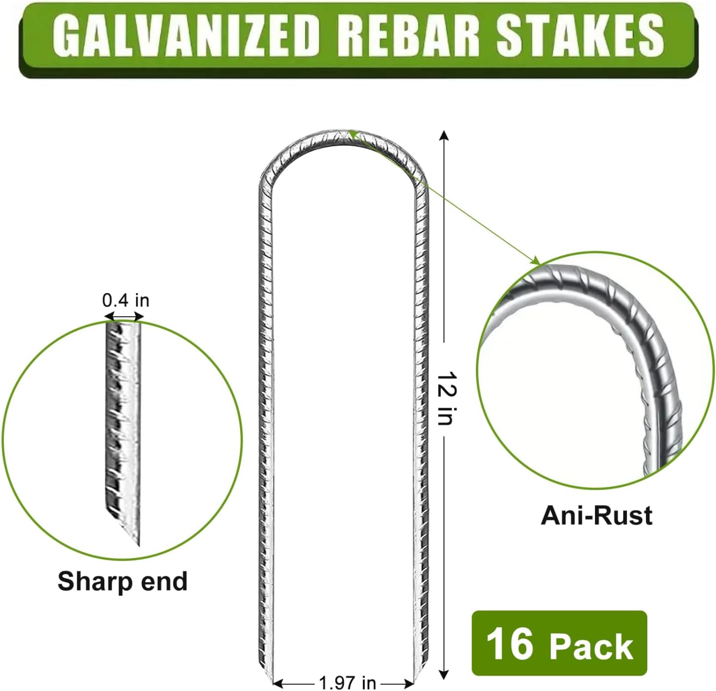 U-Shaped Steel Rebar Staples 16-Pack - Heavy-Duty Landscaping Pins for Securing Fabric, Netting & Fencing