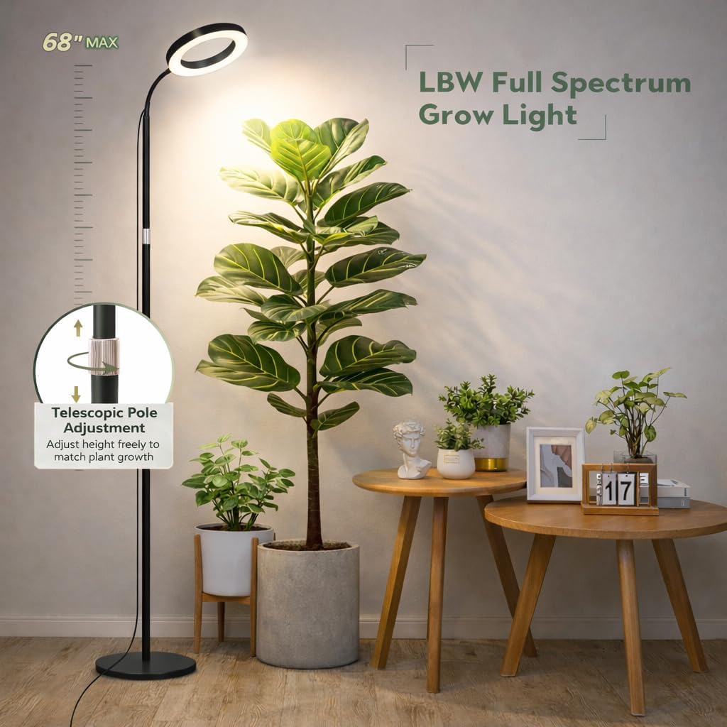 LBW Grow Light with Stand for Indoor Plants, Adjustable Height up to 68", Full Spectrum Grow Light for Large & Tall Plants, Auto Timer 6/8/12/16H, 5-Level Dimmable, 3 Lighting Modes