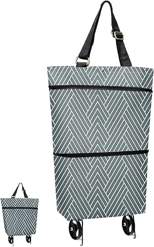 Carrito de comestibles plegable con ruedas, práctico carrito de compras para comestibles (rayas grises)