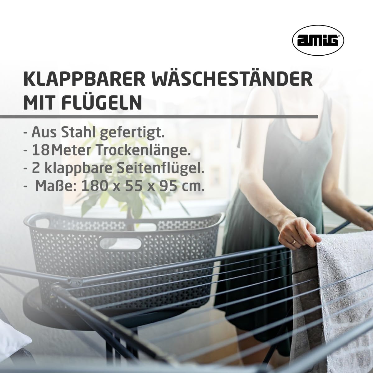 Amig - Klappbarer Wäscheständer mit Flügeln Mod. Aeria ZenRack - Robuster Stahl - Wäschetrockner - Einfacher Aufbau und Faltmechanismus - 18 m Trockenfläche - Maße 180x55x95 cm - Farbe Schwarz