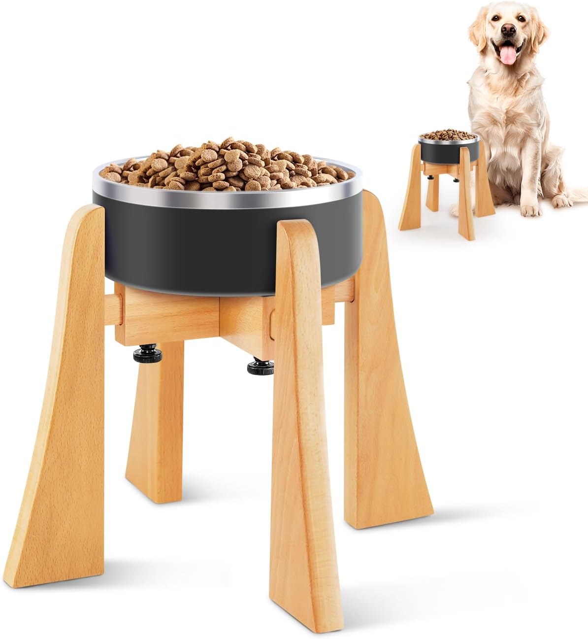 Elevated Dog Bowl Stand - Nature Beech Wood Stand 12-inch High Neck-Protecting Raised Stand for Large Sized Dog Adjustable Bowl Base Non Toxic Pet-Friendly Feeder Stand