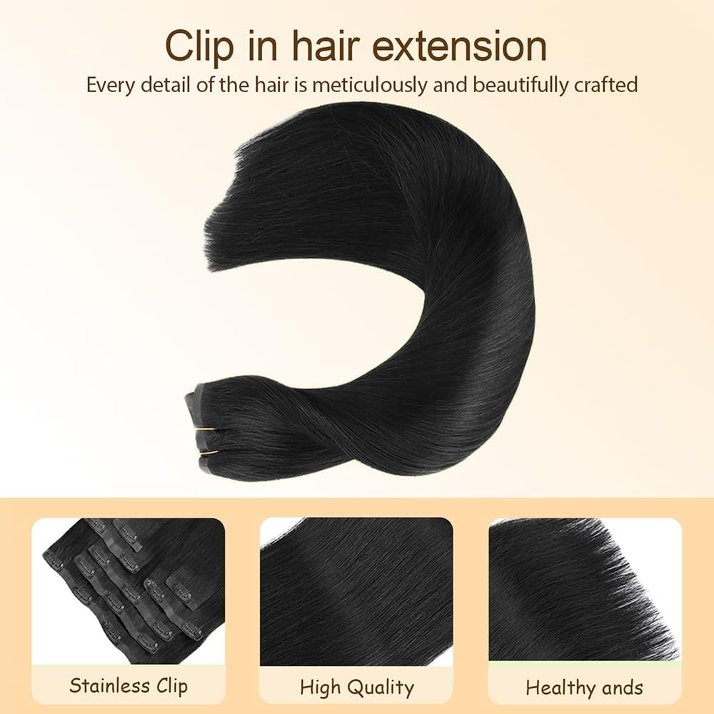 Straight Human Hair Extensions Clip In Extensions Echthaar Schwarz Real Human Hair Extensions Clip Invisible #1B Natural Black 120g 7pcs Per Pack for Women 28 Zoll