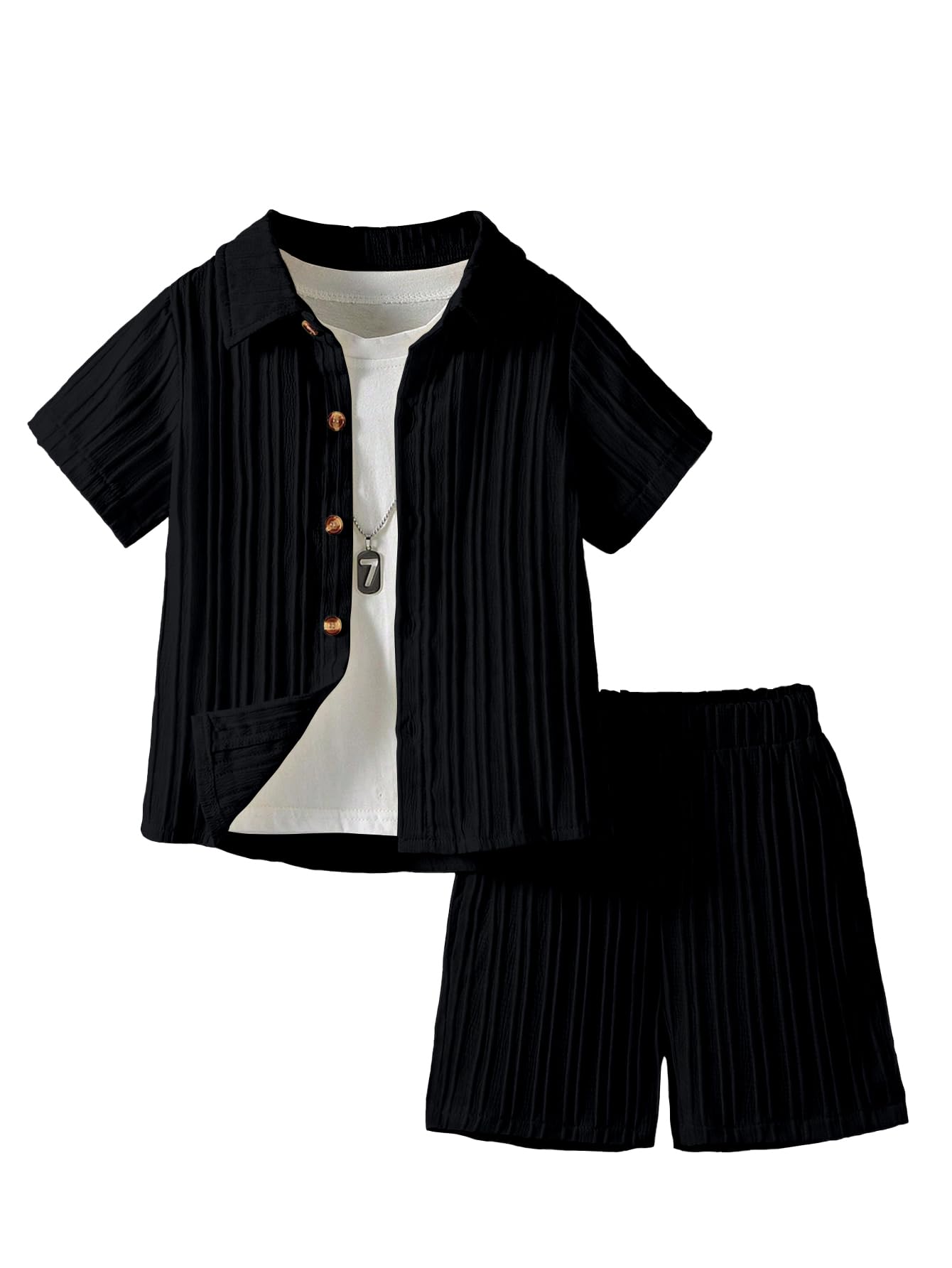 AVANOVA Conjunto de 2 piezas negro para niños, camisa de manga corta con botones frontales con pantalones cortos a juego, ropa casual de verano para niños, mezcla de poliéster ligera, ropa escolar y