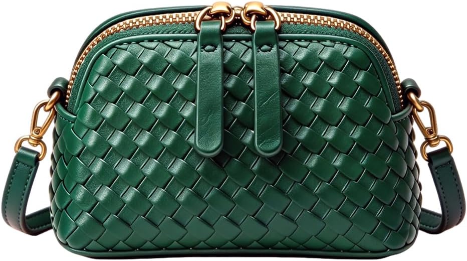 BaiYouDa Woven Crossbody Bags for Women PU Leather Small Shoulder Purse Travel Zipper Clutch Handbag with Adjustable Strap