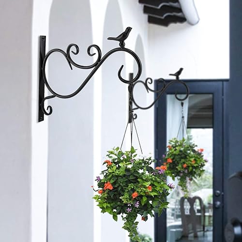 Miniatura 5 de Lewondr Soporte para plantas para colgar en la pared, paquete de 2 ganchos retro de hierro Shepard de 12 pulgadas para comedero de pájaros y flores,