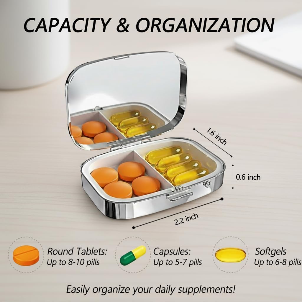 Pill Box 2 Compartment Small Pill Case,Portable for Pocket or Purse Pill Organizer Pill Container Holder with Mirror to Hold Vitamins, Medication, Fish Oil and Supplements (Cute Cow) image 2