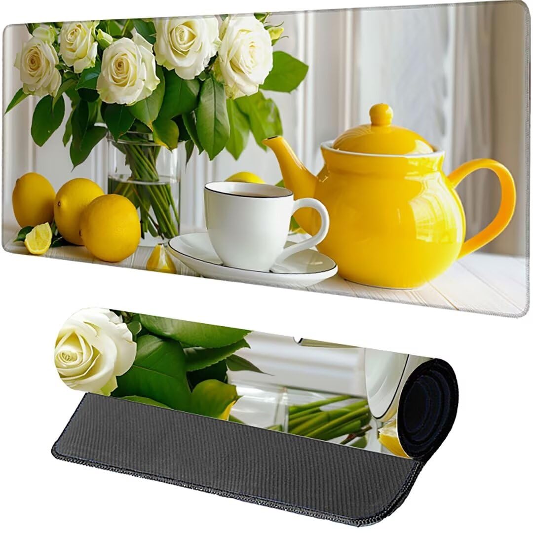 Excel Shortcut-Tasten-Mauspad - erweitertes großes 1200 x 600mm XL-Spickzettel-Gaming-Mauspad | PC-Büro-Tabellenkalkulation-Tastaturmatte | rutschfeste genähte Kante Blume Tasse